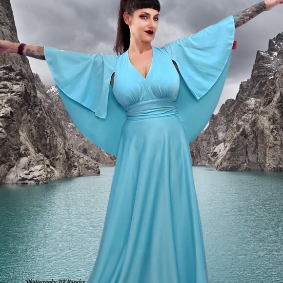 NWT 70s Aqua Blue Maxi Dress Disco Cape Halter Vintage Lounge Pinup MCM Boho 8 - Picture 1 of 15